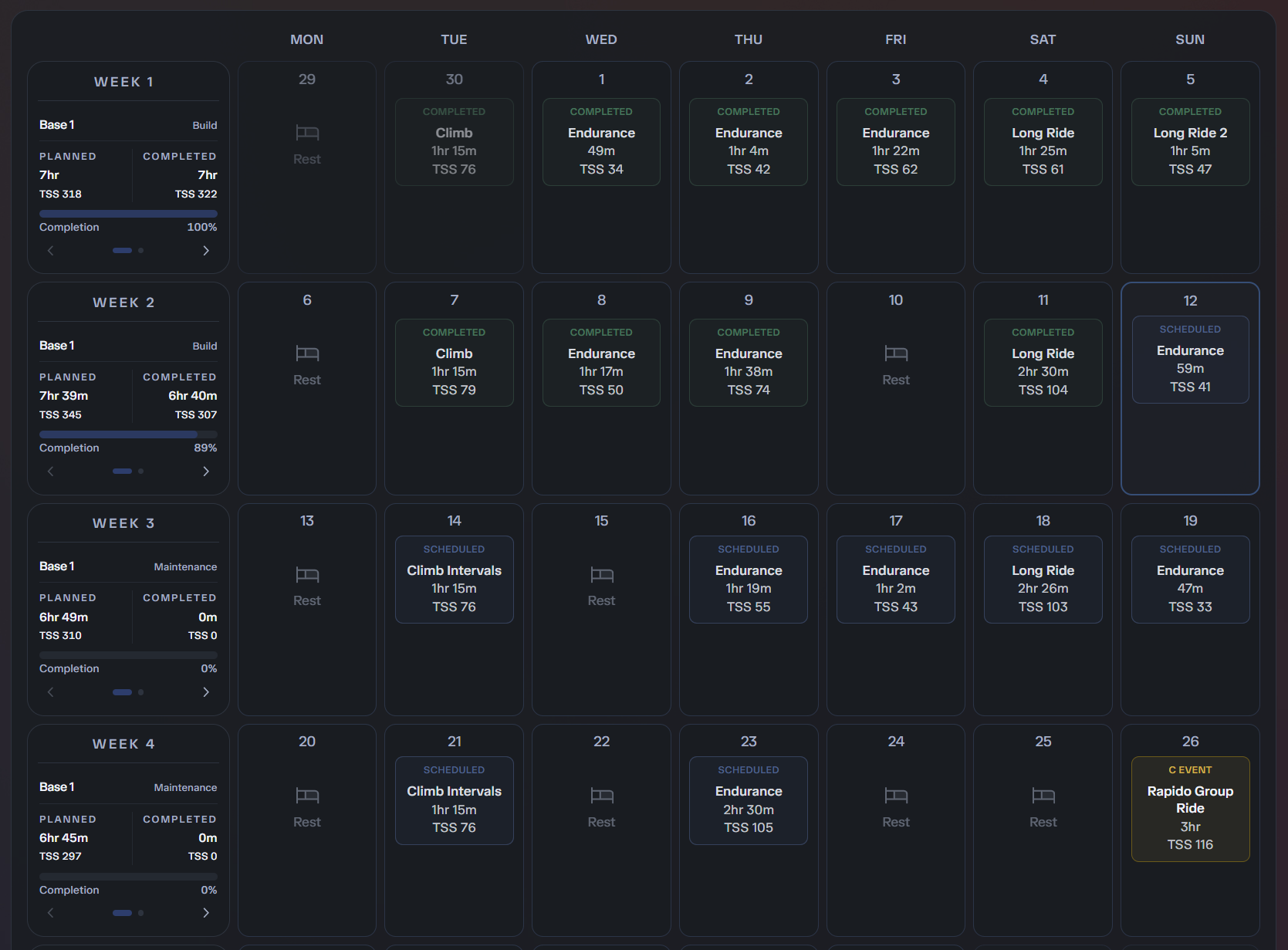 Training calendar showing weeks and daily workouts