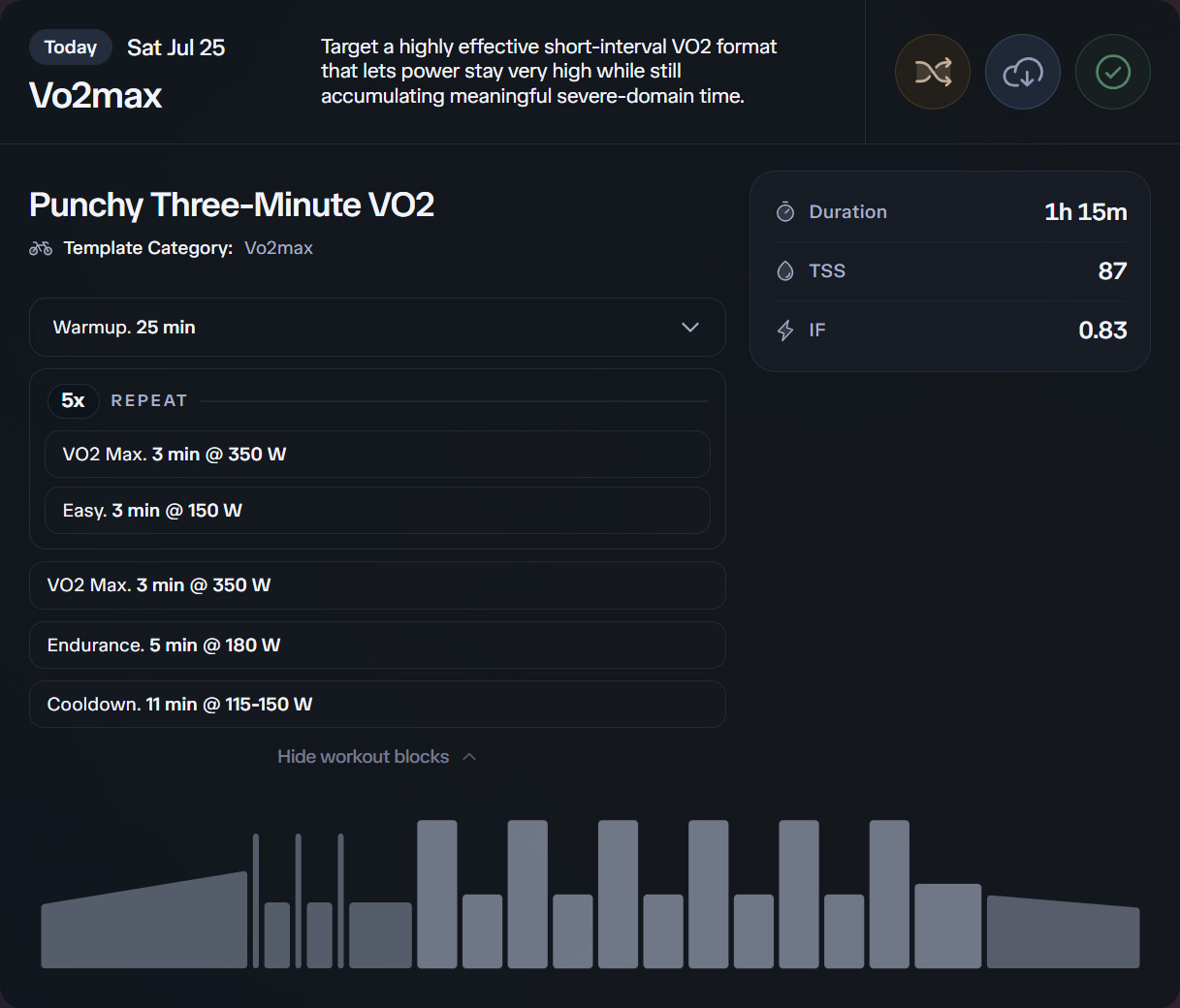 Daily workout generation view showing workout structure and intensity profile