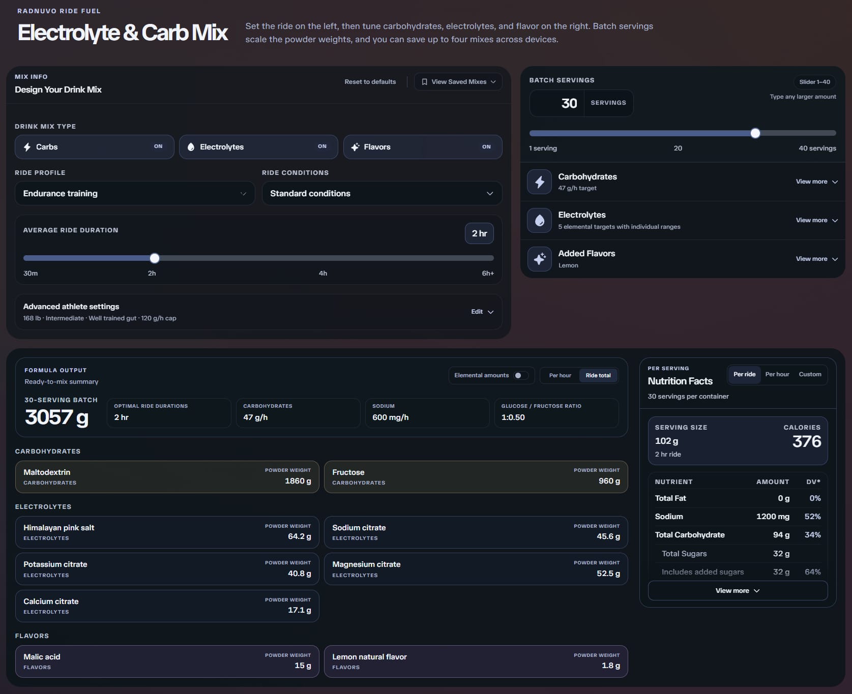 Electrolyte and carb mix calculator with ride duration, batch servings, ingredient formula, and a nutrition facts panel