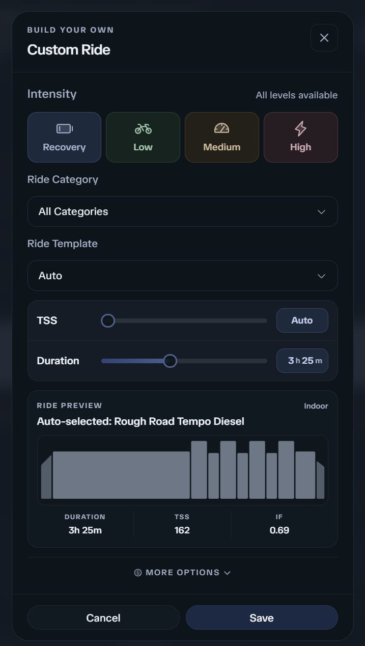 Custom Ride builder with intensity chips, category and template selectors, TSS and duration sliders, and a live workout preview