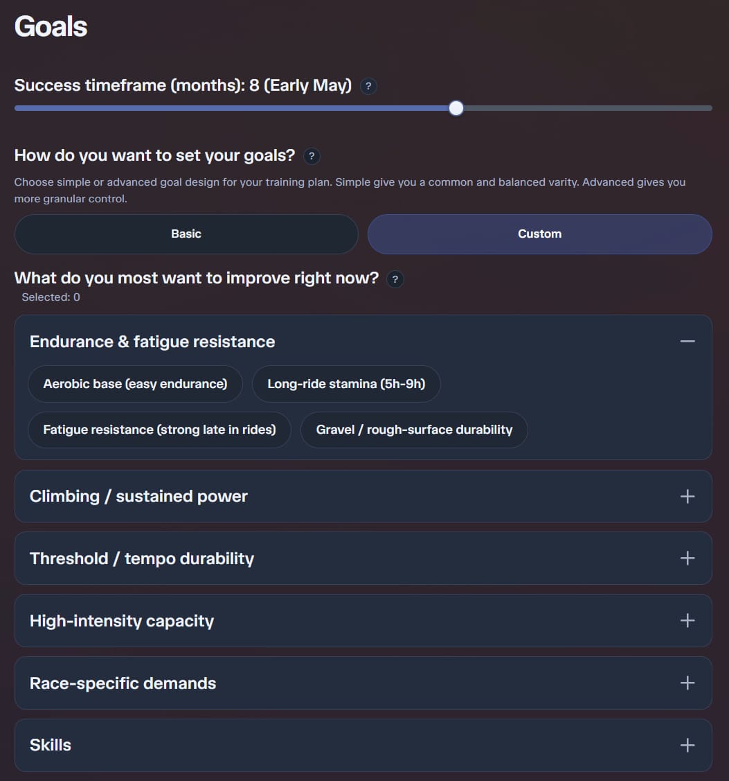 Goals screen with an eight-month success timeframe, Basic versus Custom goal design, and expandable improvement categories including endurance and fatigue resistance