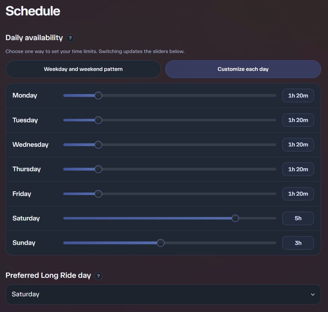 Schedule settings with customize-each-day sliders for Monday through Sunday and a preferred long-ride day set to Saturday